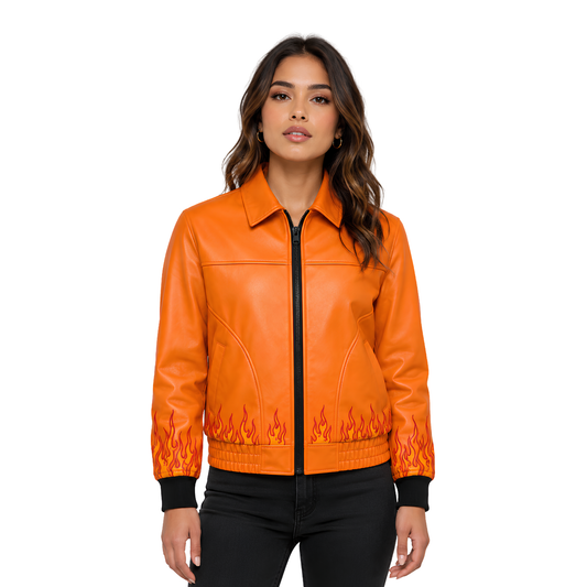 Buy The Spooky Skull and Flame Bomber Leather Jacket