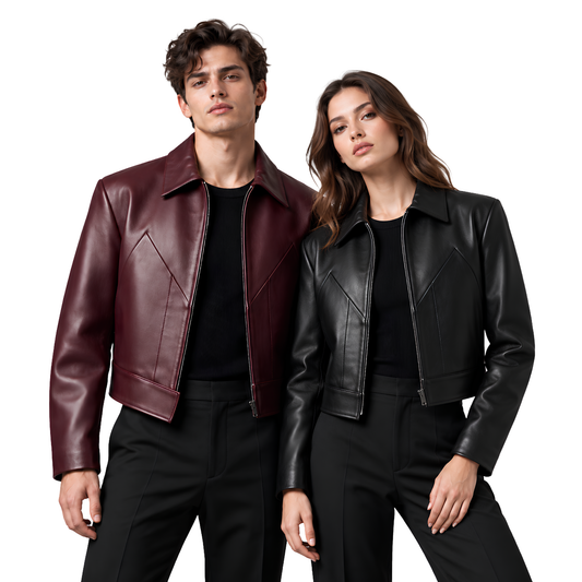 Buy the Boxy Fit Full-Zip Cropped Biker Leather Jacket