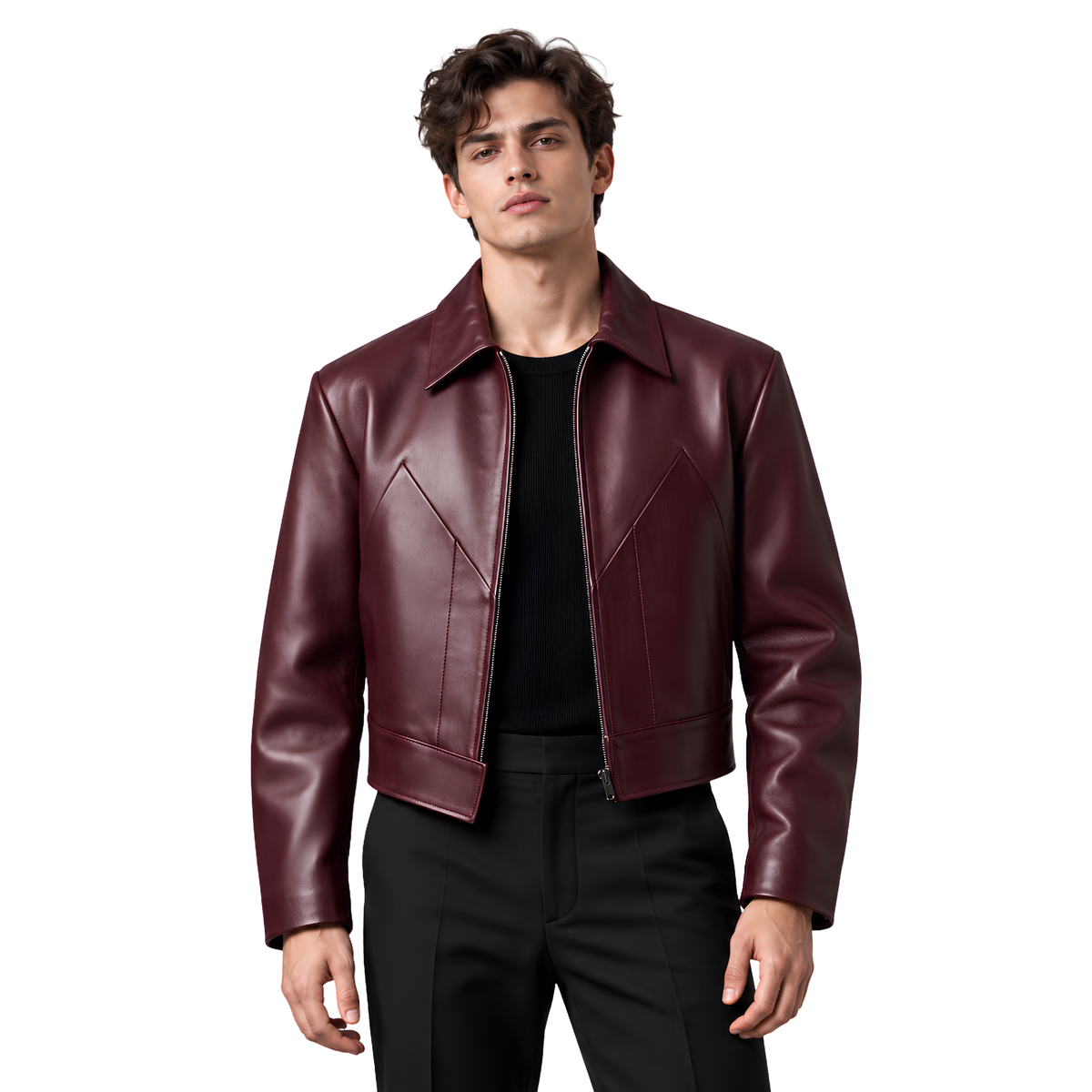 Buy the Boxy Fit Full-Zip Cropped Biker Leather Jacket Now