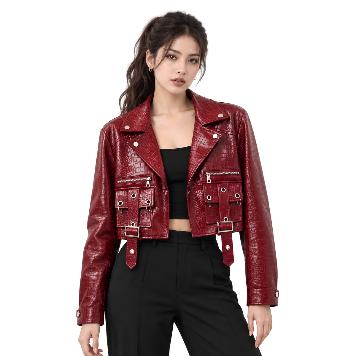Buy the Croc-Embossed Crop Biker Leather Jacket