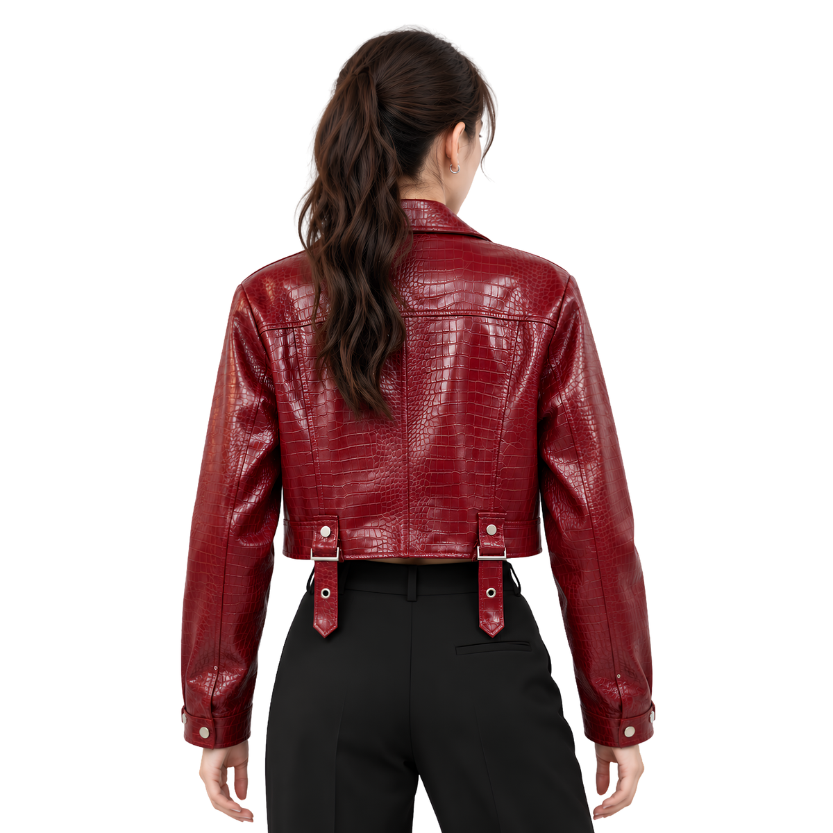 Buy the Croc-Embossed Crop Biker Leather Jacket Now