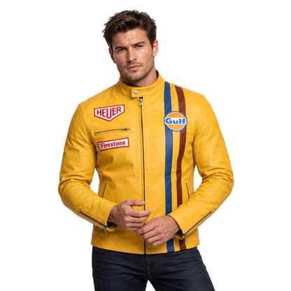 Buy the Steve McQueen Gulf 1971 Le Mans Biker Leather Jacket