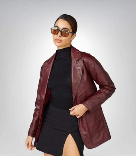 Vintage burgundy leather blazer for women – 90s inspired red jacket