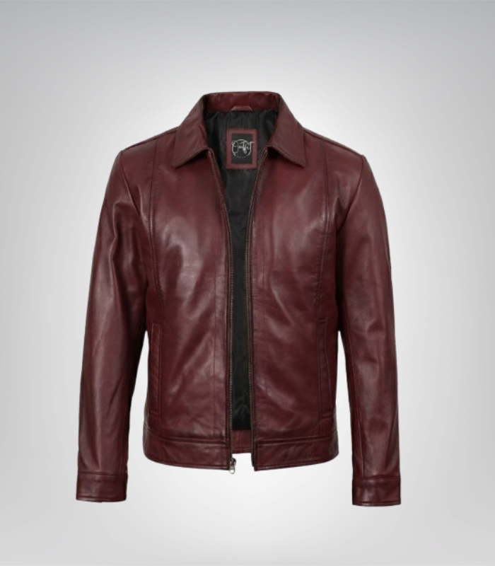 Burgundy leather Harrington jacket for men featuring a shirt-style collar