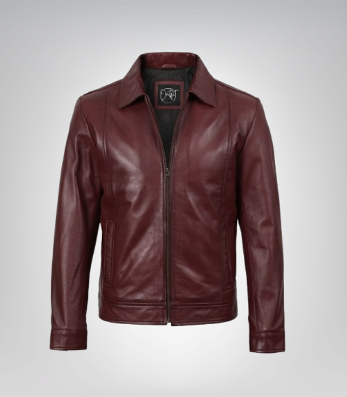 Men’s burgundy Harrington leather jacket with classic shirt collar