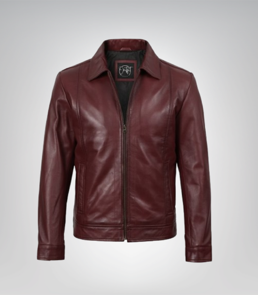 Men’s burgundy Harrington leather jacket with classic shirt collar