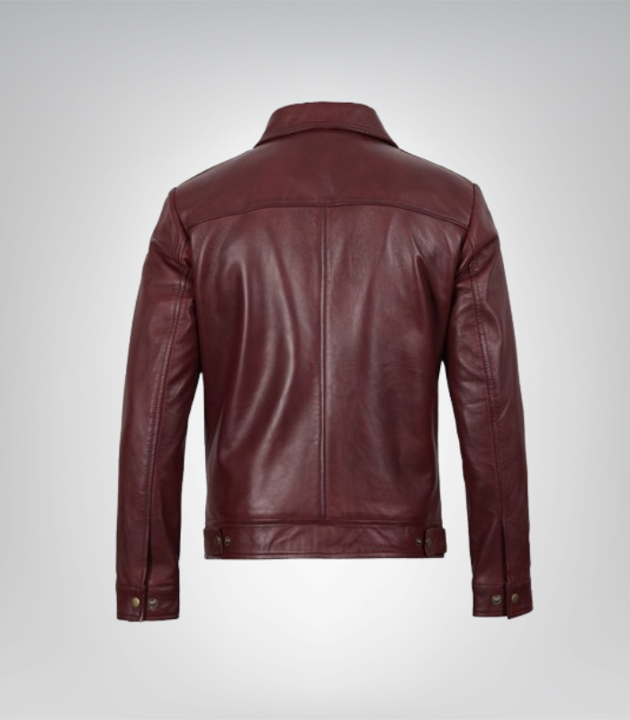 Stylish men’s burgundy leather jacket with classic Harrington design