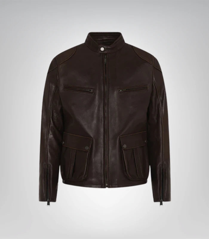 Men's genuine brown leather motorcycle jacket front view