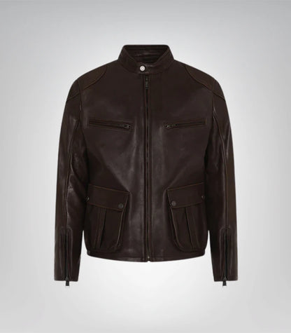 Men's genuine brown leather motorcycle jacket front view