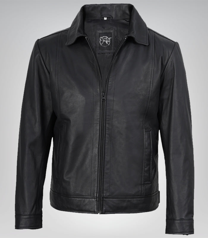 Classic men’s matte black lambskin Harrington jacket – premium leather outerwear