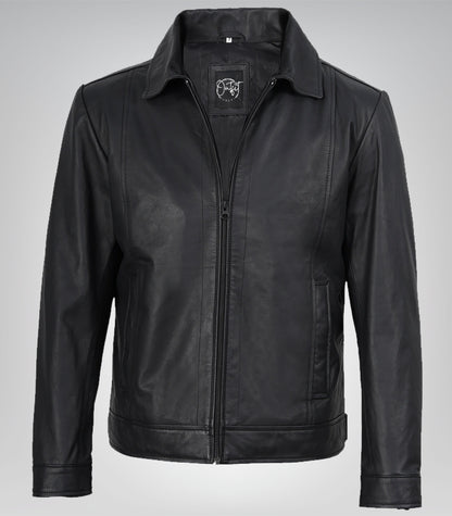 Classic men’s matte black lambskin Harrington jacket – premium leather outerwear