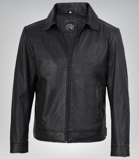 Classic men’s matte black lambskin Harrington jacket – premium leather outerwear