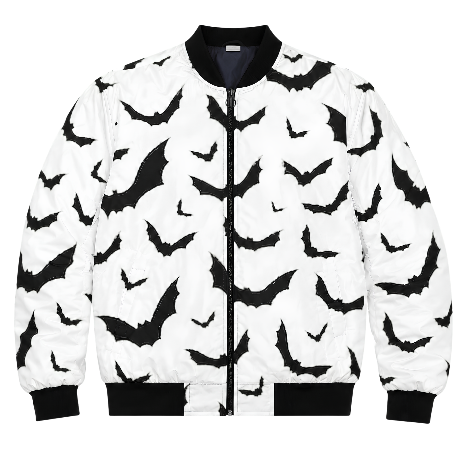 Sale Live On Black Bats Graphic White Bomber Jacket