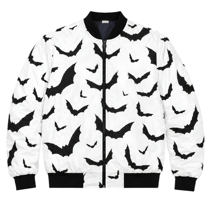 Sale Live On Black Bats Graphic White Bomber Jacket