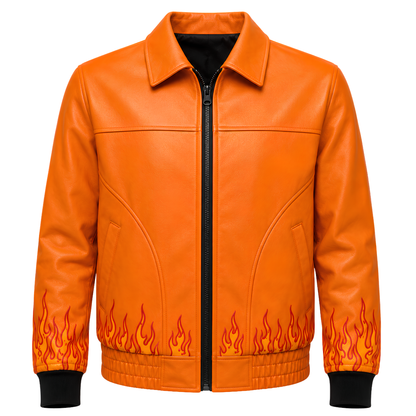 Sale Live On Spooky Skull and Flame Bomber Leather Jacket