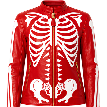 Sale Live On The Red Skeleton Bone Biker Leather Jacket