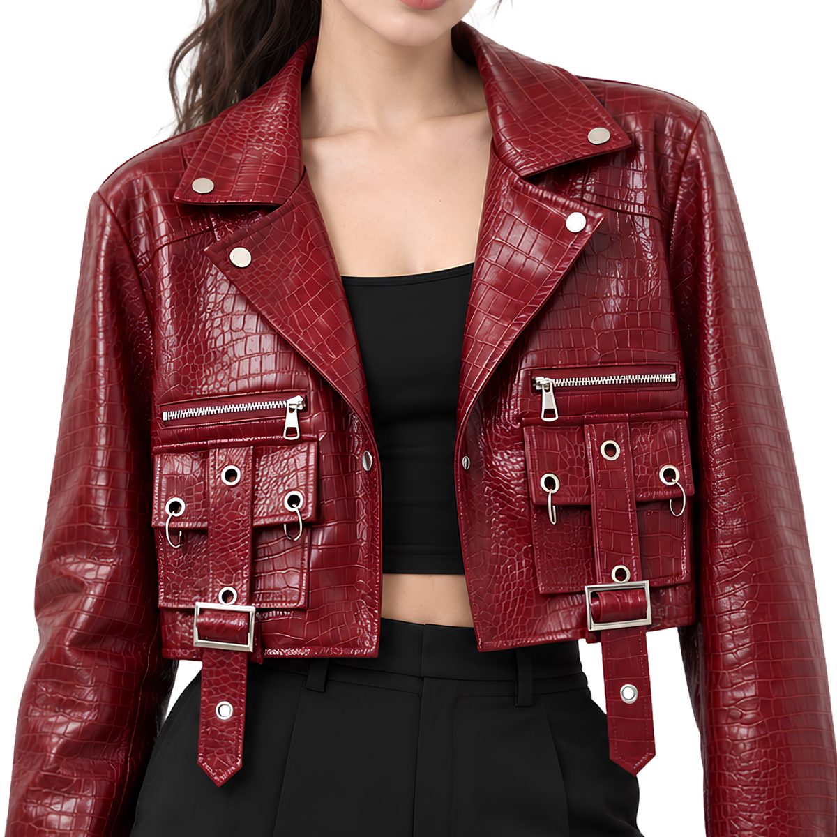 Sale Live on Croc-Embossed Crop Biker Leather Jacket