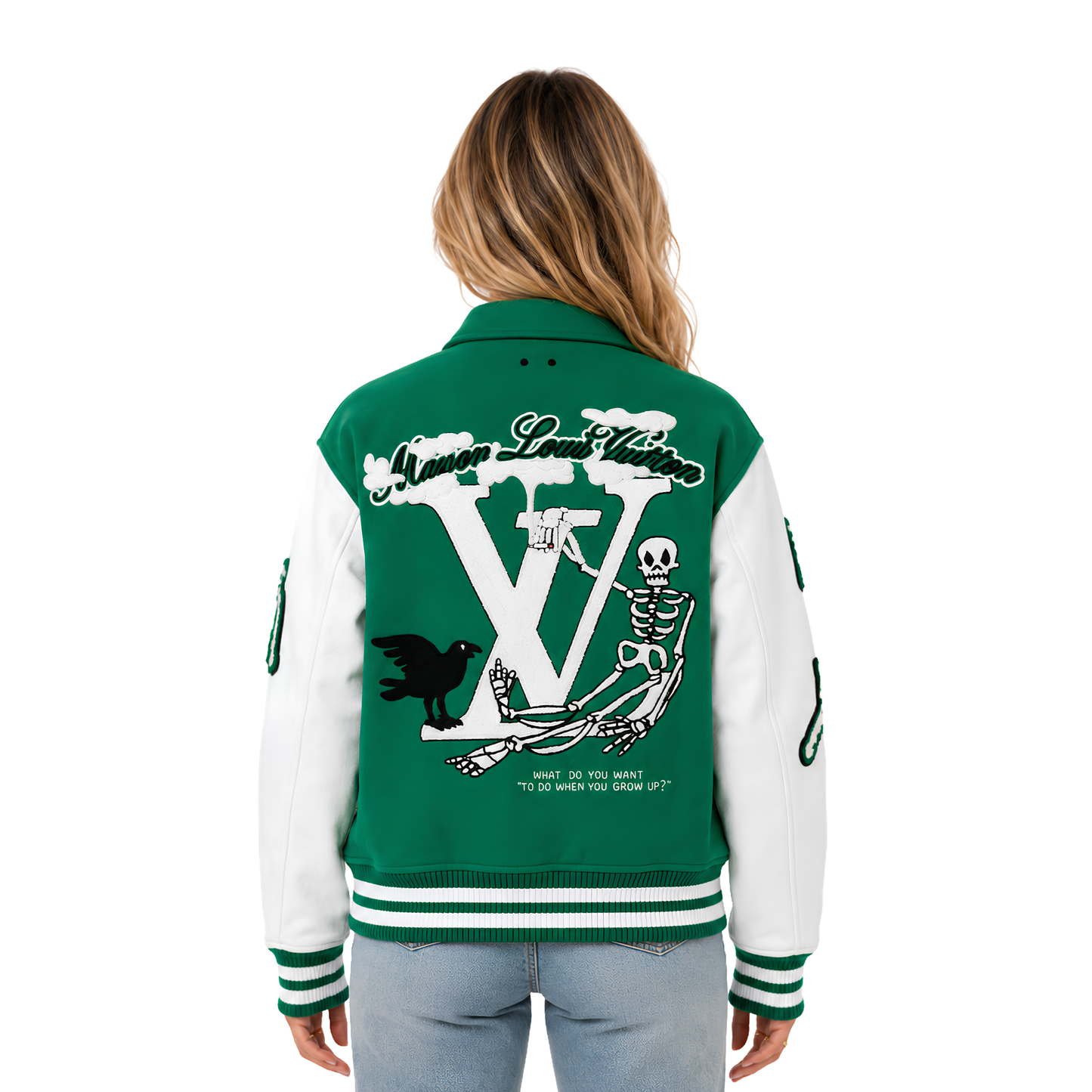Shop The Green and White Skeleton Letterman Jacket