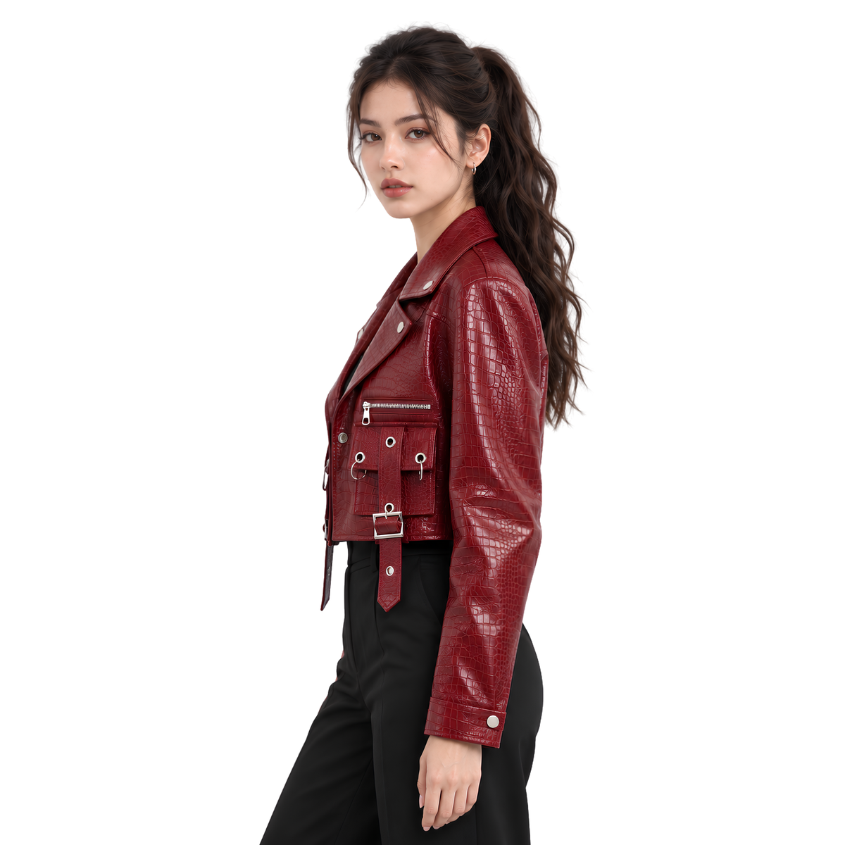 Shop the Croc-Embossed Crop Biker Leather Jacket