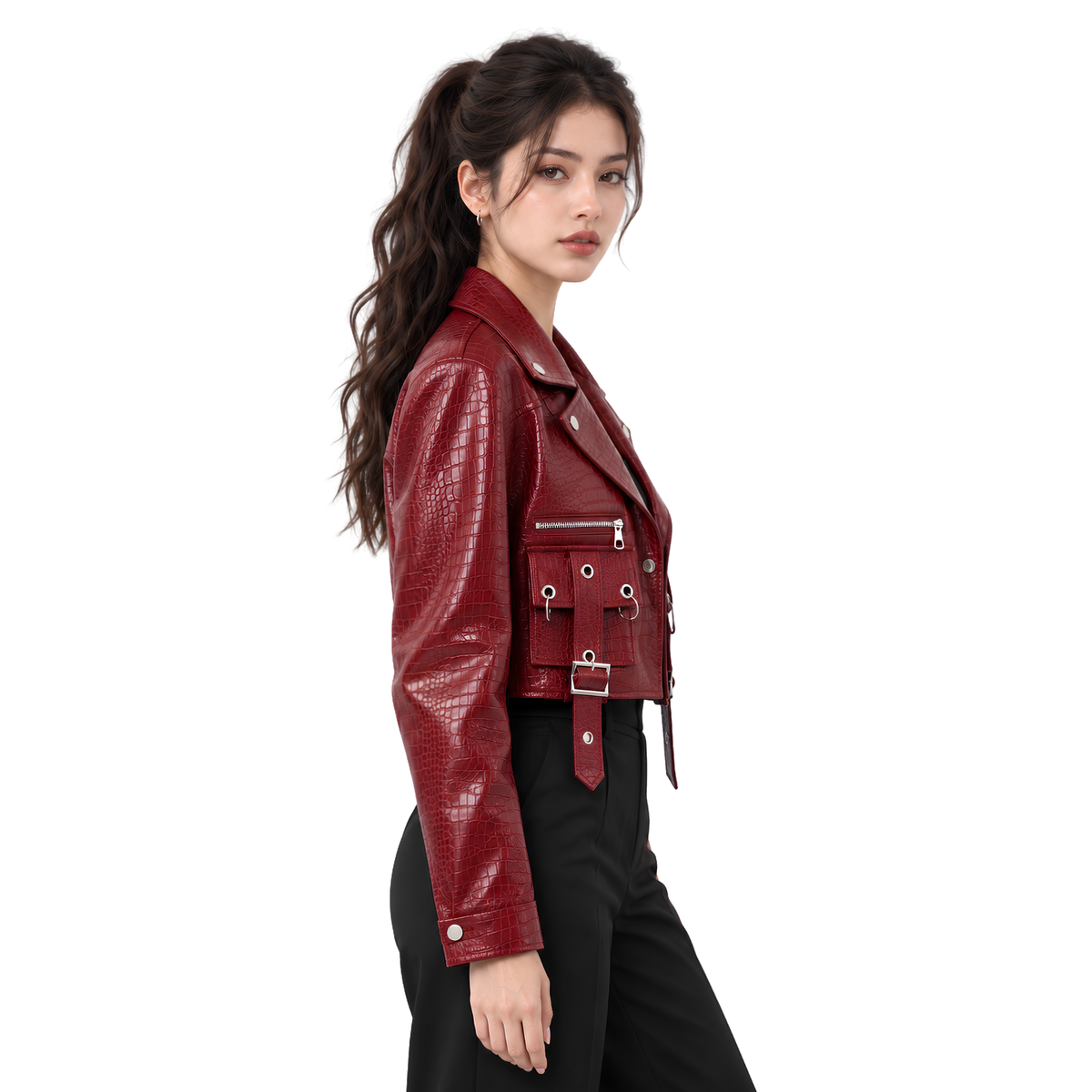 Shop the Croc-Embossed Crop Biker Leather Jacket Today
