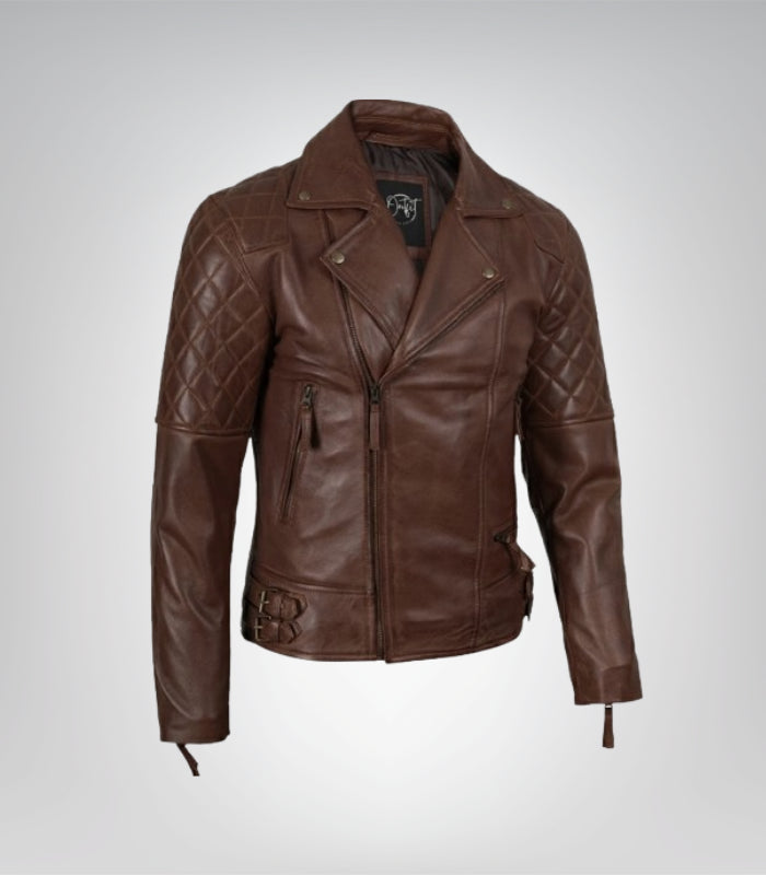 Cognac brown lambskin leather motorcycle jacket for men – asymmetrical biker style