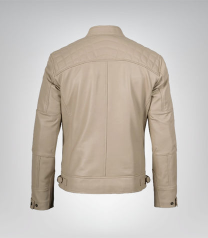 Slim-fit beige lambskin leather motorcycle jacket for men – quilted shoulder design