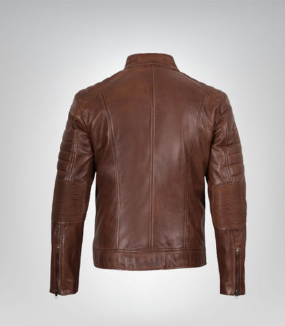 Men’s Cognac Brown Waxed Leather Biker Jacket Real Lambskin, Stylish &amp; Durable