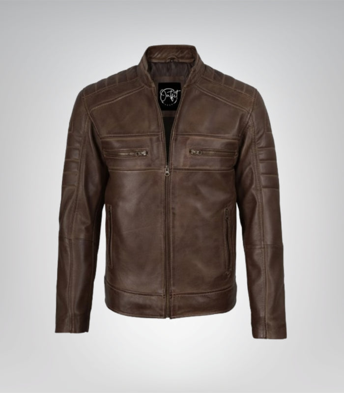 Men’s coffee brown genuine leather biker jacket – classic moto jacket