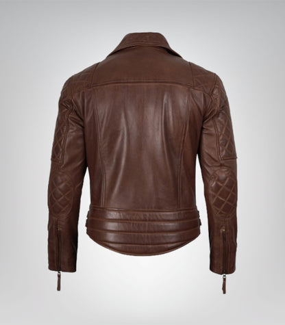Men’s real lambskin leather biker jacket – cognac quilted moto outerwear