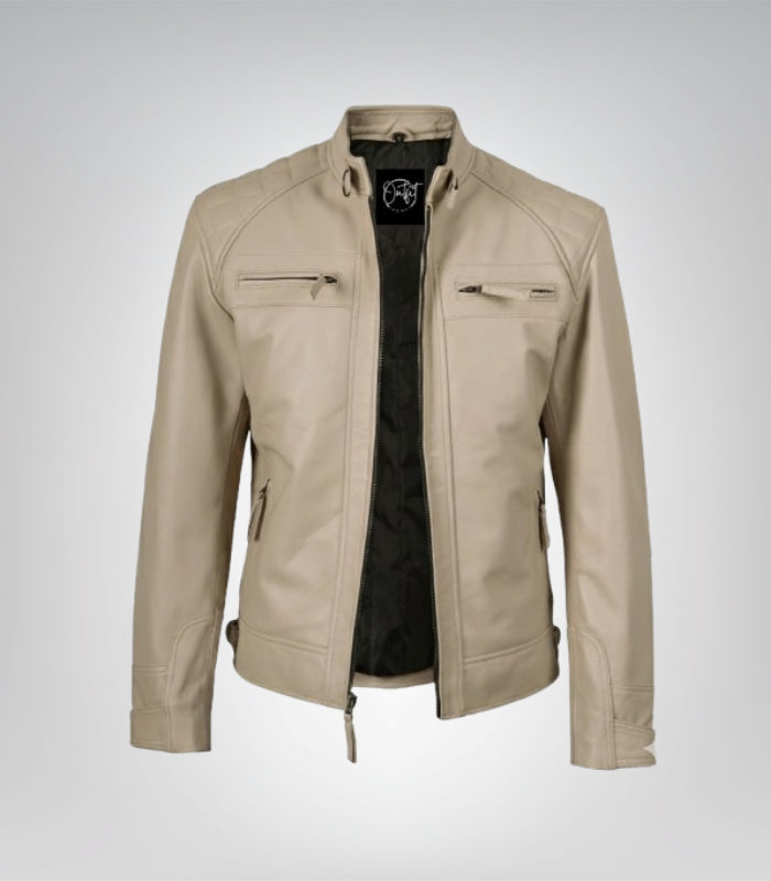 Men’s beige leather biker jacket – real lambskin with quilted shoulders and zip pockets