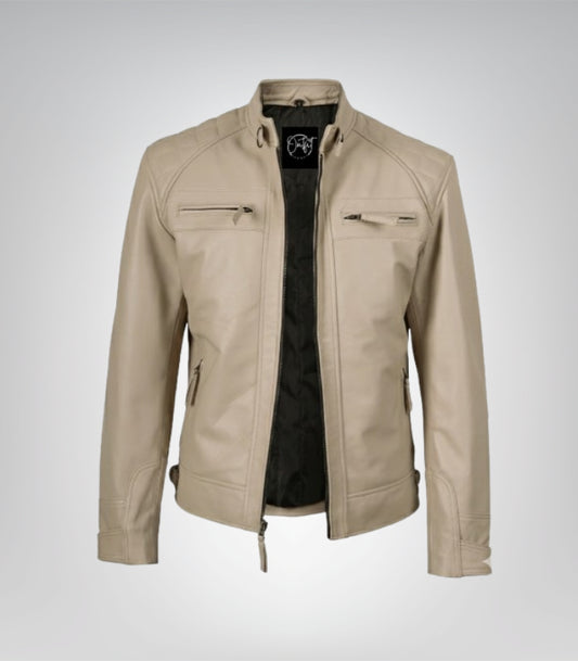 Men’s beige leather biker jacket – real lambskin with quilted shoulders and zip pockets