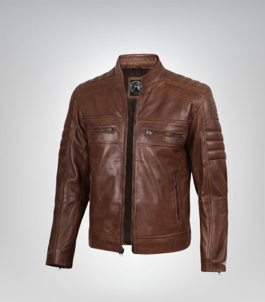 Men’s Cognac Brown Waxed Leather Biker Jacket Real Lambskin, Stylish &amp; Durable