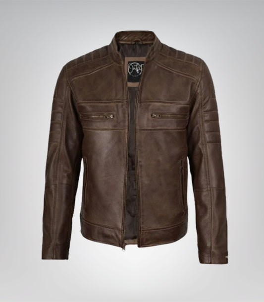 Men’s coffee brown distressed leather biker jacket – classic motorcycle style