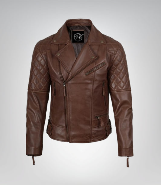 Men’s asymmetrical cognac leather biker jacket – real lambskin with quilted design
