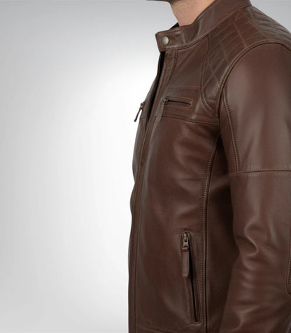 Mens Quilted Shoulder Coffee Brown Biker Leather Jacket