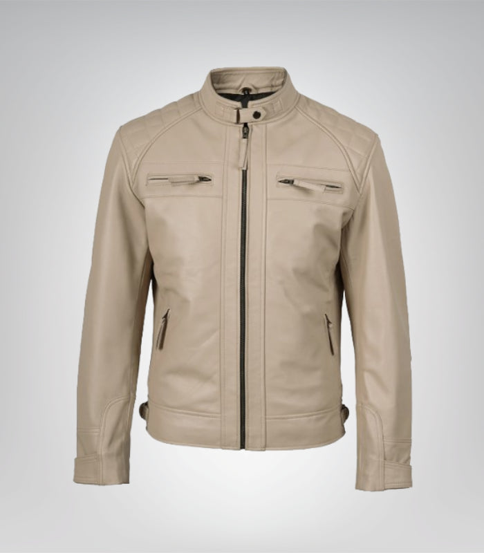 Men’s real lambskin biker jacket – beige leather with zip pockets and quilted detailing