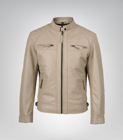 Men’s real lambskin biker jacket – beige leather with zip pockets and quilted detailing