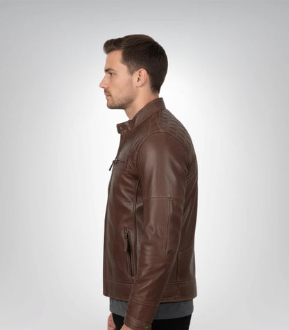 Mens Quilted Shoulder Coffee Brown Biker Leather Jacket