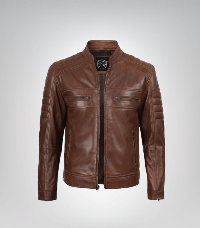 Men’s Cognac Brown Waxed Leather Biker Jacket Real Lambskin, Stylish &amp; Durable