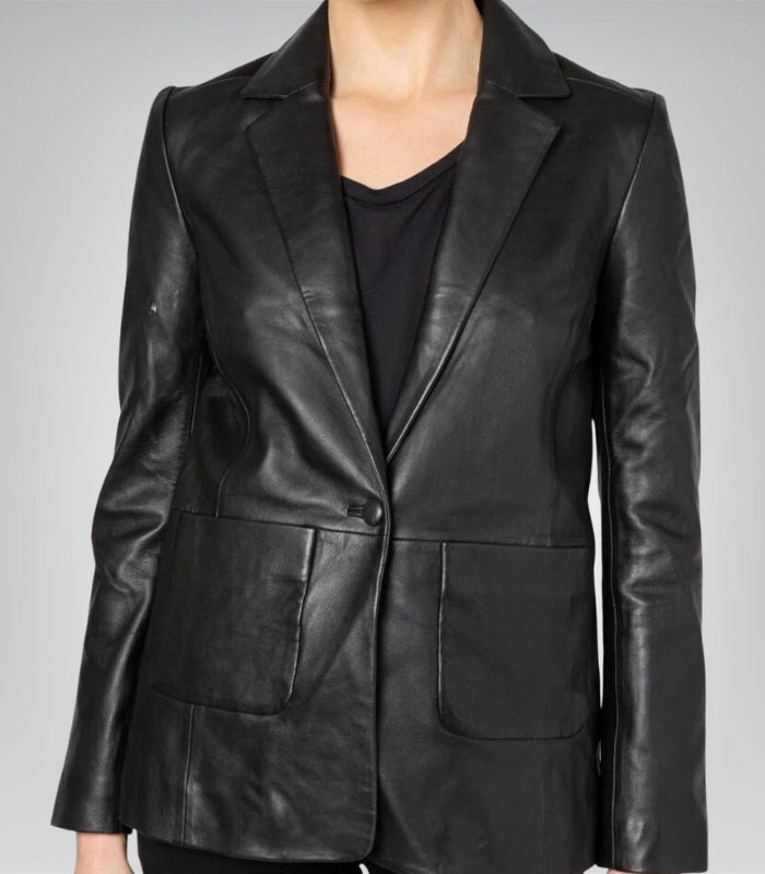Women’s Black Leather Blazer Coat Classic Street Style Jacket
