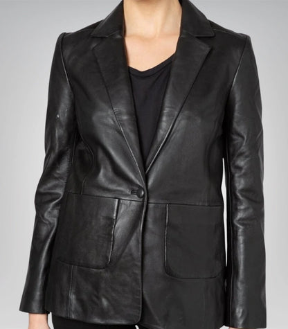 Women’s Black Leather Blazer Coat Classic Street Style Jacket