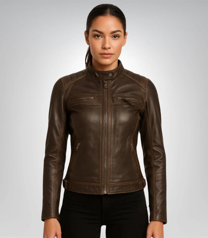 Vintage brown sheep leather biker jacket – slim moto racer design