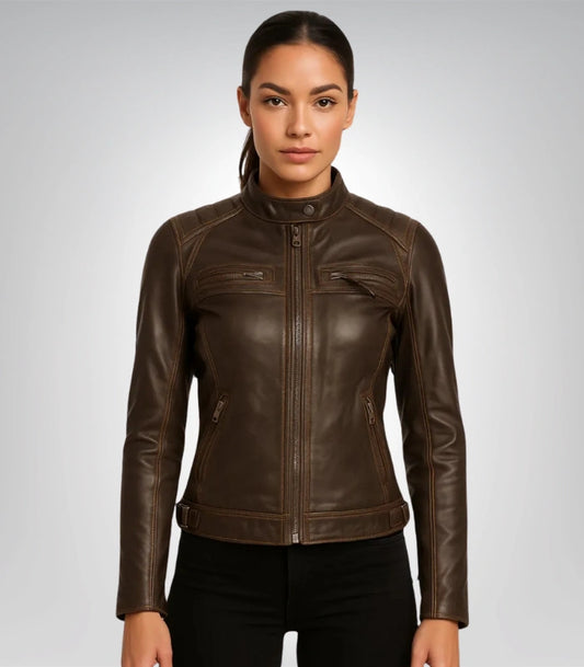 Vintage brown sheep leather biker jacket – slim moto racer design