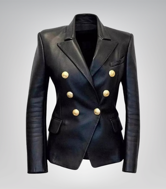 Women’s double-breasted black leather blazer – gold button detail