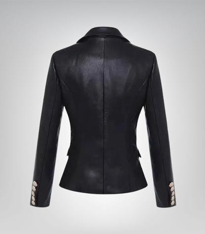 Black leather blazer for women – double-breasted with gold buttons