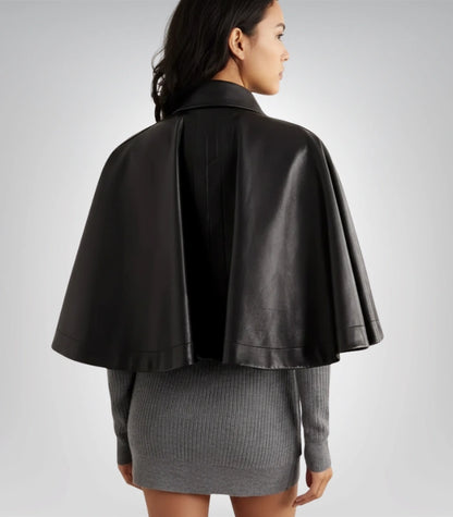 Premium black leather poncho – women’s handmade luxury cape style