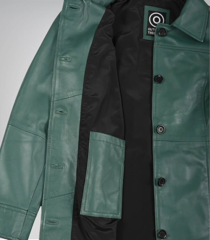 Women's Genuine Leather Mid-Length Green Coat with Buttons