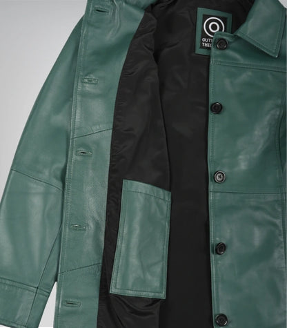 Women's Genuine Leather Mid-Length Green Coat with Buttons